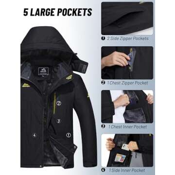 MAGCOMSEN Mens Snowboarding Jackets Waterproof Fleece Lining Warm Winter Coats Hooded Snow Hiking Camping Skiing Pure Black, XL