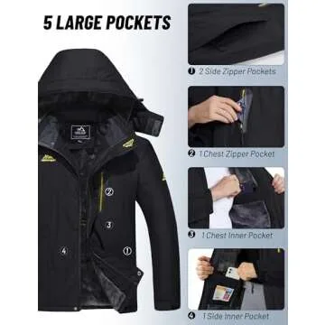 MAGCOMSEN Mens Snowboarding Jackets Waterproof Fleece Lining Warm Winter Coats Hooded Snow Hiking Camping Skiing Pure Black, XL