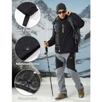 MAGCOMSEN Mens Snowboarding Jackets Waterproof Fleece Lining Warm Winter Coats Hooded Snow Hiking Camping Skiing Pure Black, XL