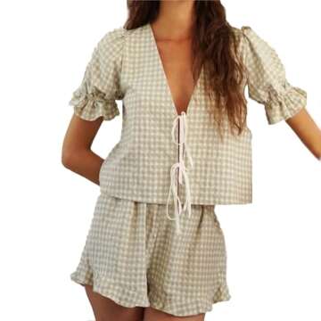 FULA-bao Women's Plaid Pajamas Set Cute Puff Sleeve Tie Front Babydoll Shirt and Shorts Pjs Outfits ...