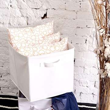 EZOWare Set of 4 Foldable Fabric Basket Bin, 13 x 15 x 13 inch Collapsible Organizer Storage Cube with Handles for Home, Bedroom, Baby Nursery, Office, Kids Playroom - White