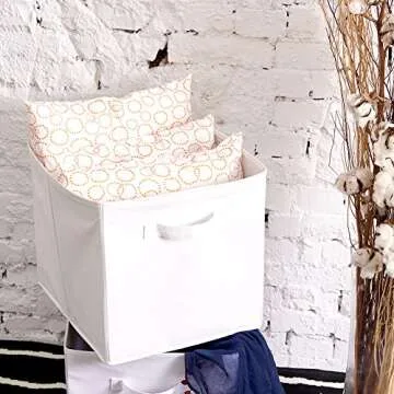 EZOWare Set of 4 Foldable Fabric Basket Bin, 13 x 15 x 13 inch Collapsible Organizer Storage Cube with Handles for Home, Bedroom, Baby Nursery, Office, Kids Playroom - White