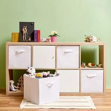 EZOWare Set of 4 Foldable Fabric Basket Bin, 13 x 15 x 13 inch Collapsible Organizer Storage Cube with Handles for Home, Bedroom, Baby Nursery, Office, Kids Playroom - White