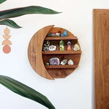 Gibbous Nimbus Moon Shelf for Crystals - Wooden Crystal Display Shelf - Moon Wall Decor - Wooden Cry...