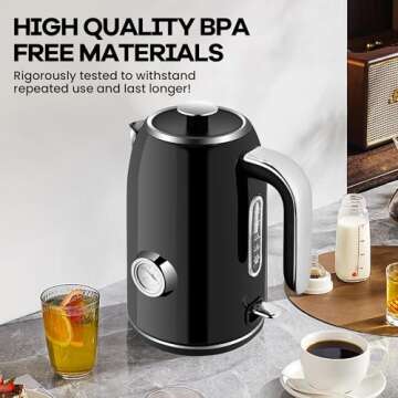 SULIVES Electric Kettle, 1.7L Stainless Steel Tea Kettle with Temperature Gauge, 1500W Water Boiler with LED Light, BPA-Free, Auto Shut-Off and Boil-Dry Protection,Black