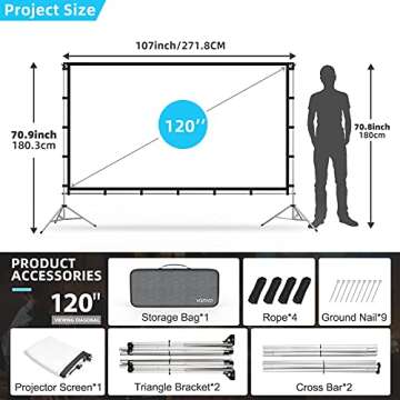 Projector Screen with Stand, Vamvo 120 inch Portable Foldable Projection Screen 16:9 HD 4K Indoor Outdoor Projector Movies Screen with Carrying Bag for Home Theater Camping and Recreational Events