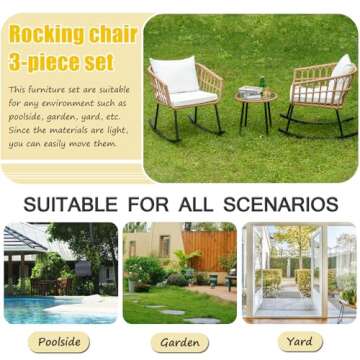 3 Pieces Rocking Chairs Set, Boho Indoor Outdoor All Weather Woven Rope Table Set, Tan Wicker Chat S...