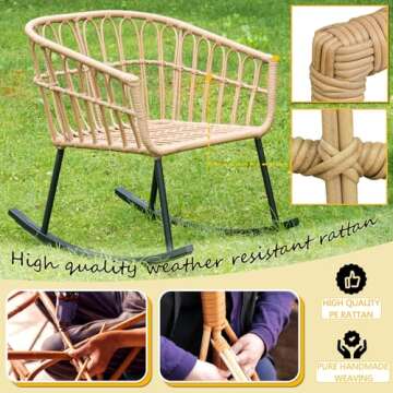 3 Pieces Rocking Chairs Set, Boho Indoor Outdoor All Weather Woven Rope Table Set, Tan Wicker Chat Set with White Cushions, Rattan Sets for Balcony, Garden, Front Porch,Indoor,Living Rooms