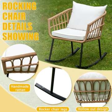 3 Pieces Rocking Chairs Set, Boho Indoor Outdoor All Weather Woven Rope Table Set, Tan Wicker Chat Set with White Cushions, Rattan Sets for Balcony, Garden, Front Porch,Indoor,Living Rooms