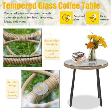 3 Pieces Rocking Chairs Set, Boho Indoor Outdoor All Weather Woven Rope Table Set, Tan Wicker Chat Set with White Cushions, Rattan Sets for Balcony, Garden, Front Porch,Indoor,Living Rooms