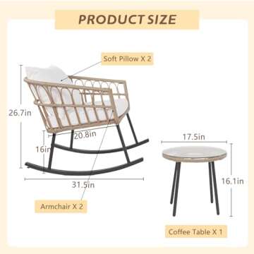3 Pieces Rocking Chairs Set, Boho Indoor Outdoor All Weather Woven Rope Table Set, Tan Wicker Chat Set with White Cushions, Rattan Sets for Balcony, Garden, Front Porch,Indoor,Living Rooms