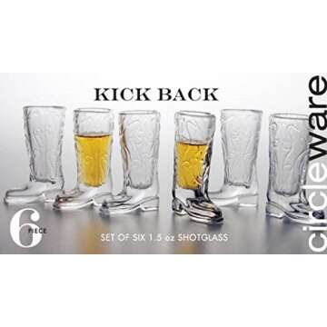 Circleware Kickback Whiskey Shot Glasses Funny Cowboy Boots, Set of 6 Heavy Base Entertainment Bever...