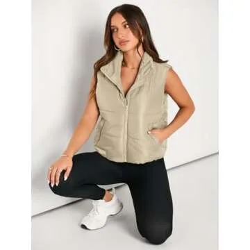 AUTOMET Puffer Vest Women Sleeveless Winter Cropped Outerwear Warm Puffer Lightweight Stand-up Collar Down with Pockets Light Khaki M