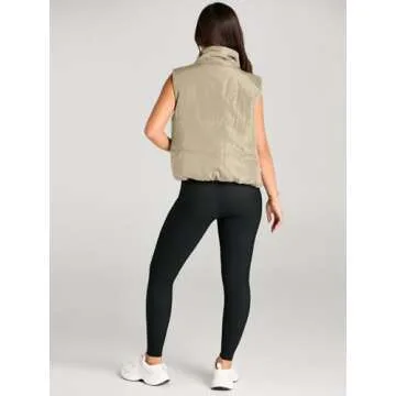 AUTOMET Puffer Vest Women Sleeveless Winter Cropped Outerwear Warm Puffer Lightweight Stand-up Collar Down with Pockets Light Khaki M