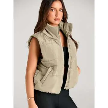 AUTOMET Puffer Vest Women Sleeveless Winter Cropped Outerwear Warm Puffer Lightweight Stand-up Collar Down with Pockets Light Khaki M