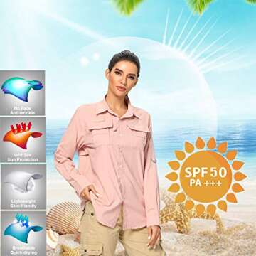 Jessie Kidden Women's UPF 50+ UV Sun Protection Safari Shirt, Long Sleeve Outdoor Cool Quick Dry Fishing Hiking Gardening Shirts (5055 Pink L)