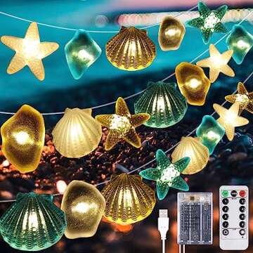Hiboom Ocean Themed Beach Seashell Fairy String Lights, Wall Nautical Decorative LED Lights, 10 Feet 30 LEDs Shell Starfish Shape USB with Remote Timer for Fish Net Summer Coast Room Party (2 Pcs)