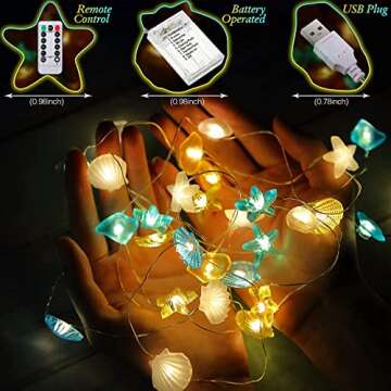 Hiboom Ocean Themed Beach Seashell Fairy String Lights, Wall Nautical Decorative LED Lights, 10 Feet 30 LEDs Shell Starfish Shape USB with Remote Timer for Fish Net Summer Coast Room Party (2 Pcs)