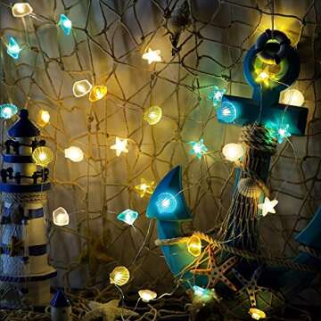 Hiboom Ocean Themed Beach Seashell Fairy String Lights, Wall Nautical Decorative LED Lights, 10 Feet 30 LEDs Shell Starfish Shape USB with Remote Timer for Fish Net Summer Coast Room Party (2 Pcs)