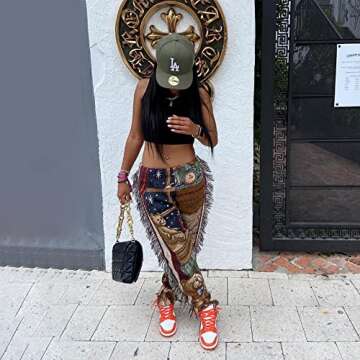 NIFTRIRY Women Hippie Fringe Pattern Printing Elastic Pants Folk Style Ninth Straight Pants Party Mu...