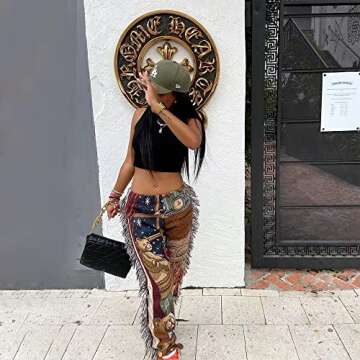 NIFTRIRY Women Hippie Fringe Pattern Printing Elastic Pants Folk Style Ninth Straight Pants Party Music Festival Wear
