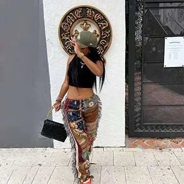 NIFTRIRY Women Hippie Fringe Pattern Printing Elastic Pants Folk Style Ninth Straight Pants Party Music Festival Wear