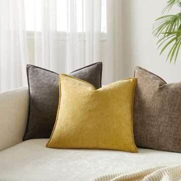 JUSPURBET Set of 2 Yellow Chenille Throw Pillow Covers 18x18 Inch Soft Textured Decorative Cushion C...