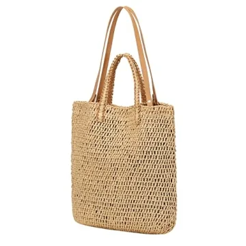 LAM GALLERY Straw Beach Tote Bag Woven Shoulder Handbag for Summer Vacation Large Rattan Tote Bag for Beach (Natural Color)