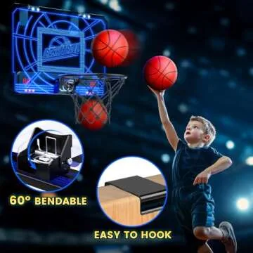 EagleStone Indoor Mini Basketball Hoop for Kids, Over The Door Basketball Hoops with LED Lighting, Mini Hoop with Scoreboard & 4 Balls, Perfect Basketball Toy Gift for Boys and Girls Ages 3-5,8-12