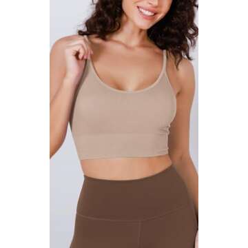 ODODOS Seamless Sports Bra for Women Ribbed Camisoles Non Padding Yoga Bra Crop Tank Tops, Beige, X-Small