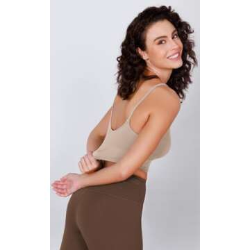 ODODOS Seamless Sports Bra for Women Ribbed Camisoles Non Padding Yoga Bra Crop Tank Tops, Beige, X-Small