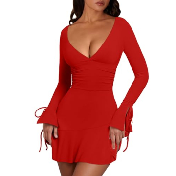 BEAGIMEG Women's Sexy Ruched Deep V Party Mini Dress