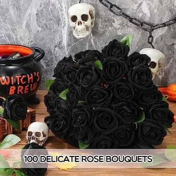 Jexine 100 Pieces Artificial Roses Flowers bulk, Long Stem Realistic Fake Silk Roses Bouquet for Table Centerpiece Vases Wedding Party Home Kitchen Decor (Black)