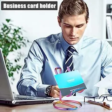 2 Pieces Metal Business Card Holder for Desk, Cell Phone Stand, Elegant Line Business Card Display Holder Stand, Office Desktop ID Name Organizer