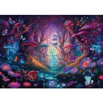 Magical Forest Puzzles Mushroom 1000 Pieces for Adults, Glow Art Jigsaw Puzzles Butterfly, Glitter F...