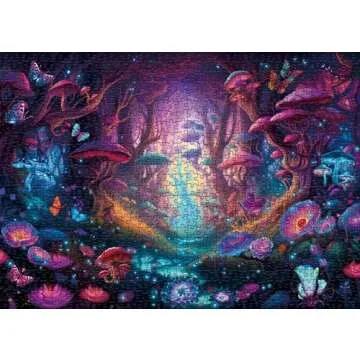Magical Forest Puzzles Mushroom 1000 Pieces for Adults, Glow Art Jigsaw Puzzles Butterfly, Glitter F...