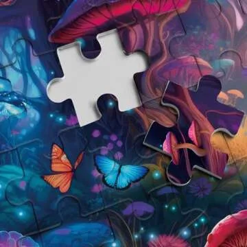 Magical Forest Puzzles Mushroom 1000 Pieces for Adults, Glow Art Jigsaw Puzzles Butterfly, Glitter Flower Jigsaw Puzzle Collage Puzzles as Family Game