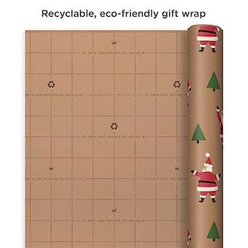 Hallmark Christmas Wrapping Paper Rolls, Brown Kraft Holiday Gift Wrap (Pack of 3: 90 sq. ft. ttl) Kraft with Santas, Trees, Stripes