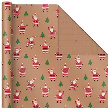 Hallmark Christmas Wrapping Paper Rolls, Brown Kraft Holiday Gift Wrap (Pack of 3: 90 sq. ft. ttl) Kraft with Santas, Trees, Stripes