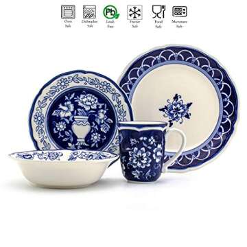 Euro Ceramica Blue Garden 16 Piece Oven Safe Hand Painted Stoneware Dinnerware Set, Service for 4, B...