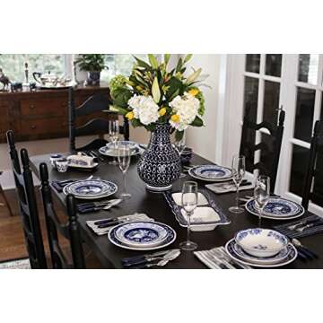 Euro Ceramica Blue Garden 16 Piece Oven Safe Hand Painted Stoneware Dinnerware Set, Service for 4, Bold Vase Design/Floral Pattern, White and blue