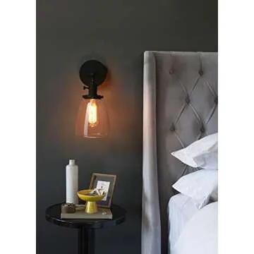Pathson Vintage Wall Sconce with On Off Switch, Clear Glass Shade Black Vanity Light, Indoor Wall Lighting Fixtures for Bathroom Bedside Garage Porch Cafe Club