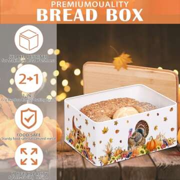 Thanksgiving Decorations, Turkey Thanksgiving Bread Box with Lid, Thanksgiving Bread Storage Kitchen Countertop Decor, Metal Farmhouse Rustic Home Bread Keeper Container Organizer 13"x8.3"x5.1"