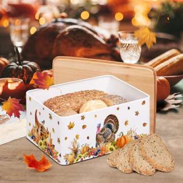 Thanksgiving Decorations, Turkey Thanksgiving Bread Box with Lid, Thanksgiving Bread Storage Kitchen Countertop Decor, Metal Farmhouse Rustic Home Bread Keeper Container Organizer 13"x8.3"x5.1"