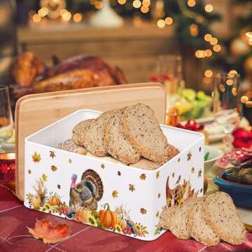 Thanksgiving Decorations, Turkey Thanksgiving Bread Box with Lid, Thanksgiving Bread Storage Kitchen Countertop Decor, Metal Farmhouse Rustic Home Bread Keeper Container Organizer 13"x8.3"x5.1"