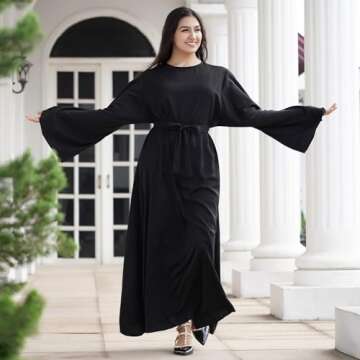 OLEMEK Kaftan Kaftan Abayas for Women Muslim Maxi Dress Dubai One-Piece Loose Full Cover Ethnic Eid Dress Elegant Belted Pleated Long Dress Black XL
