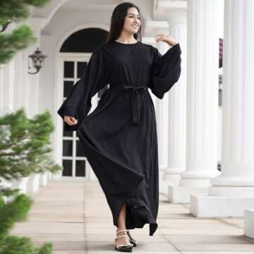 OLEMEK Kaftan Kaftan Abayas for Women Muslim Maxi Dress Dubai One-Piece Loose Full Cover Ethnic Eid Dress Elegant Belted Pleated Long Dress Black XL