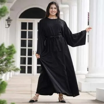 OLEMEK Kaftan Kaftan Abayas for Women Muslim Maxi Dress Dubai One-Piece Loose Full Cover Ethnic Eid Dress Elegant Belted Pleated Long Dress Black XL
