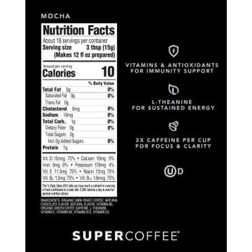 Super Coffee Grounds Energy & Immunity (2x Caffeine, Vitamins, Antioxidants) [Mocha] 10 Oz, 3 Pack |...