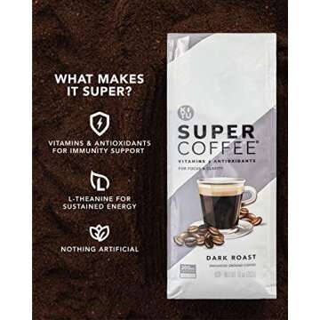 Super Coffee Grounds Energy & Immunity (2x Caffeine, Vitamins, Antioxidants) [Mocha] 10 Oz, 3 Pack | Keto Friendly Ground Coffee, 100% Arabica Coffee Ground